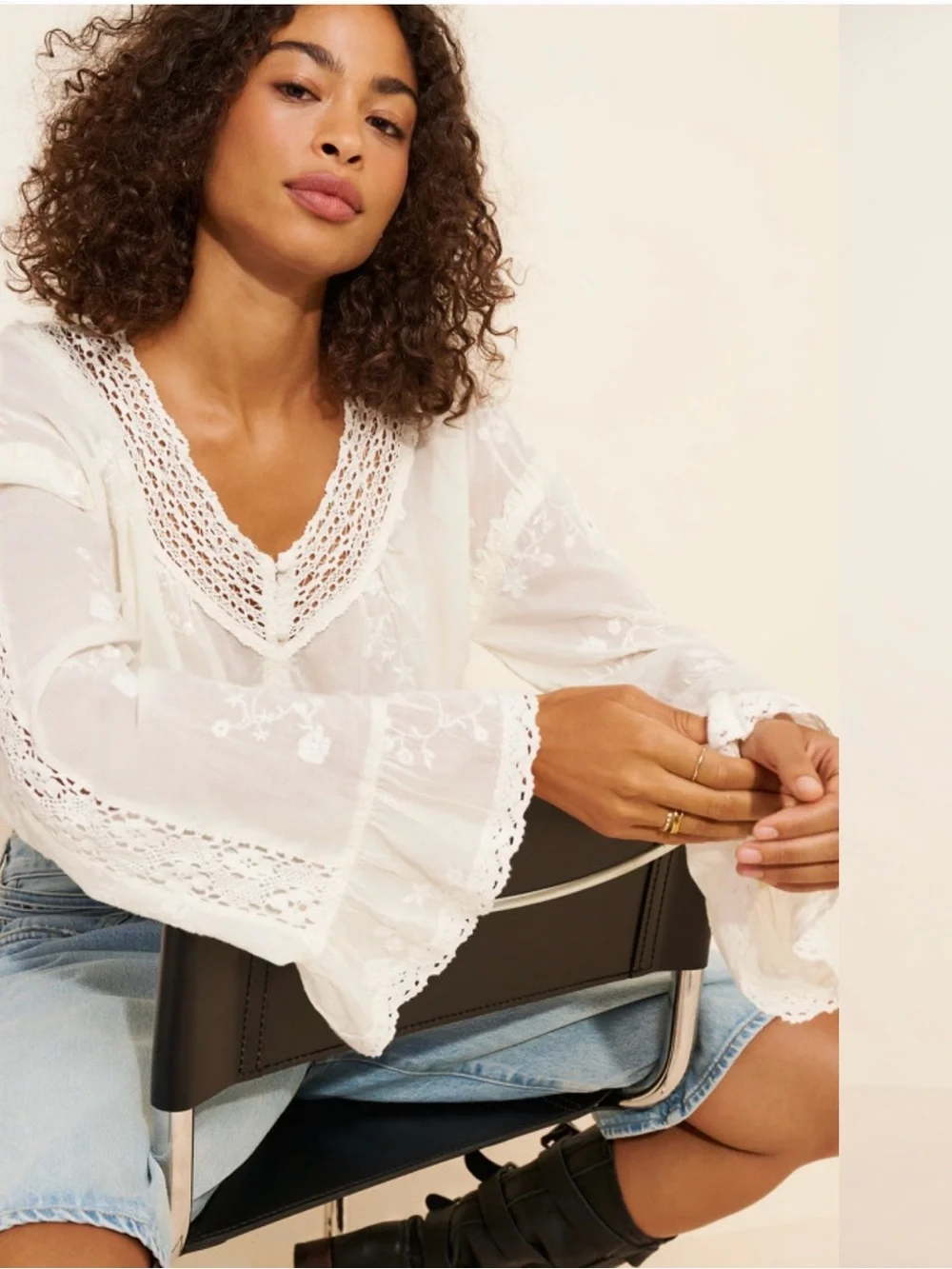 Free People Ivory Crochet-Trim Peasant Blouse NWOT